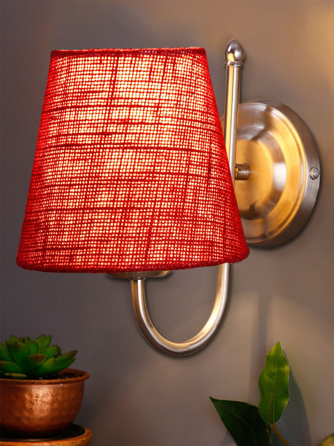 Devansh Maroon Jute Conical Wall Mounted Lamp with Steel Base