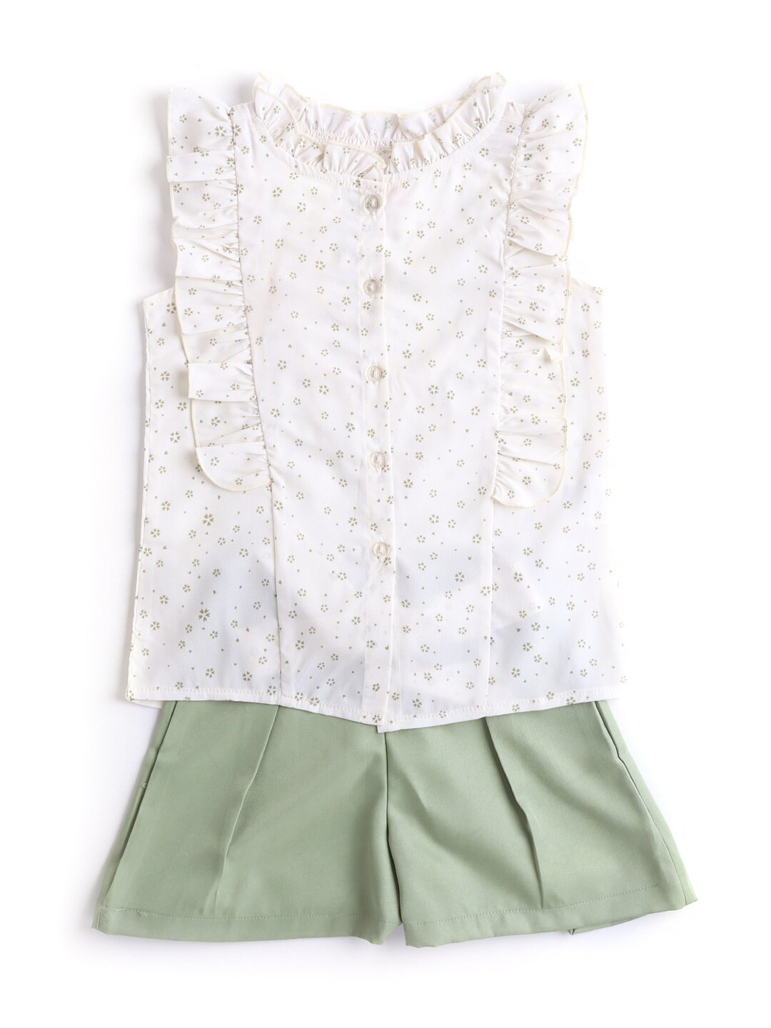 Hopscotch Girls Green & White Wing Sleeves Printed Top and Shorts
