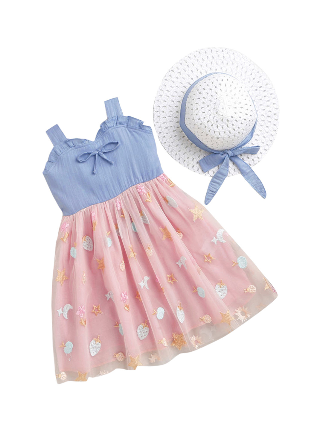 Hopscotch Pink & Blue Embellished Net Dress with Hat