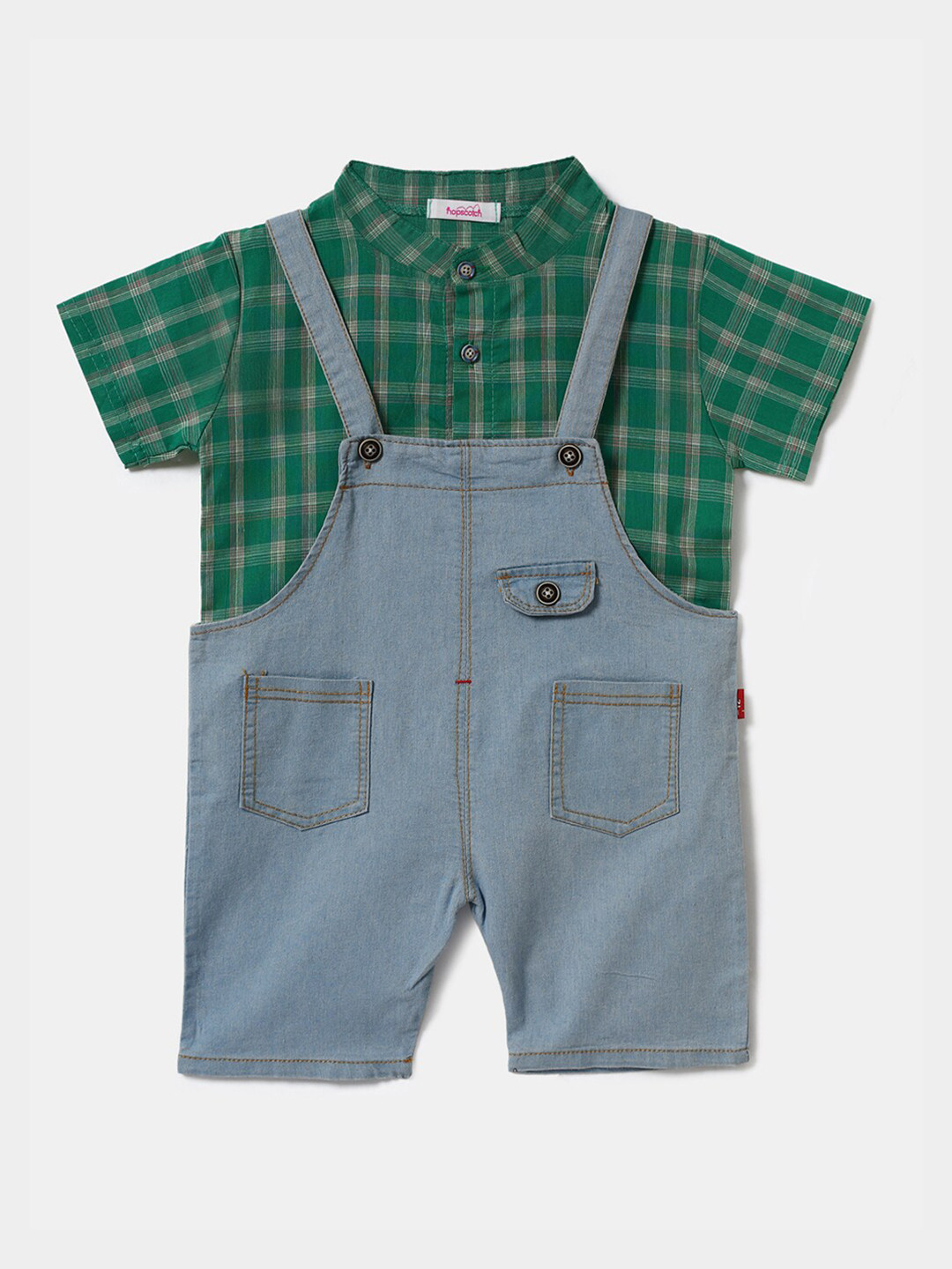 Hopscotch Boys Green & Blue Checked Shirt And Dungaree