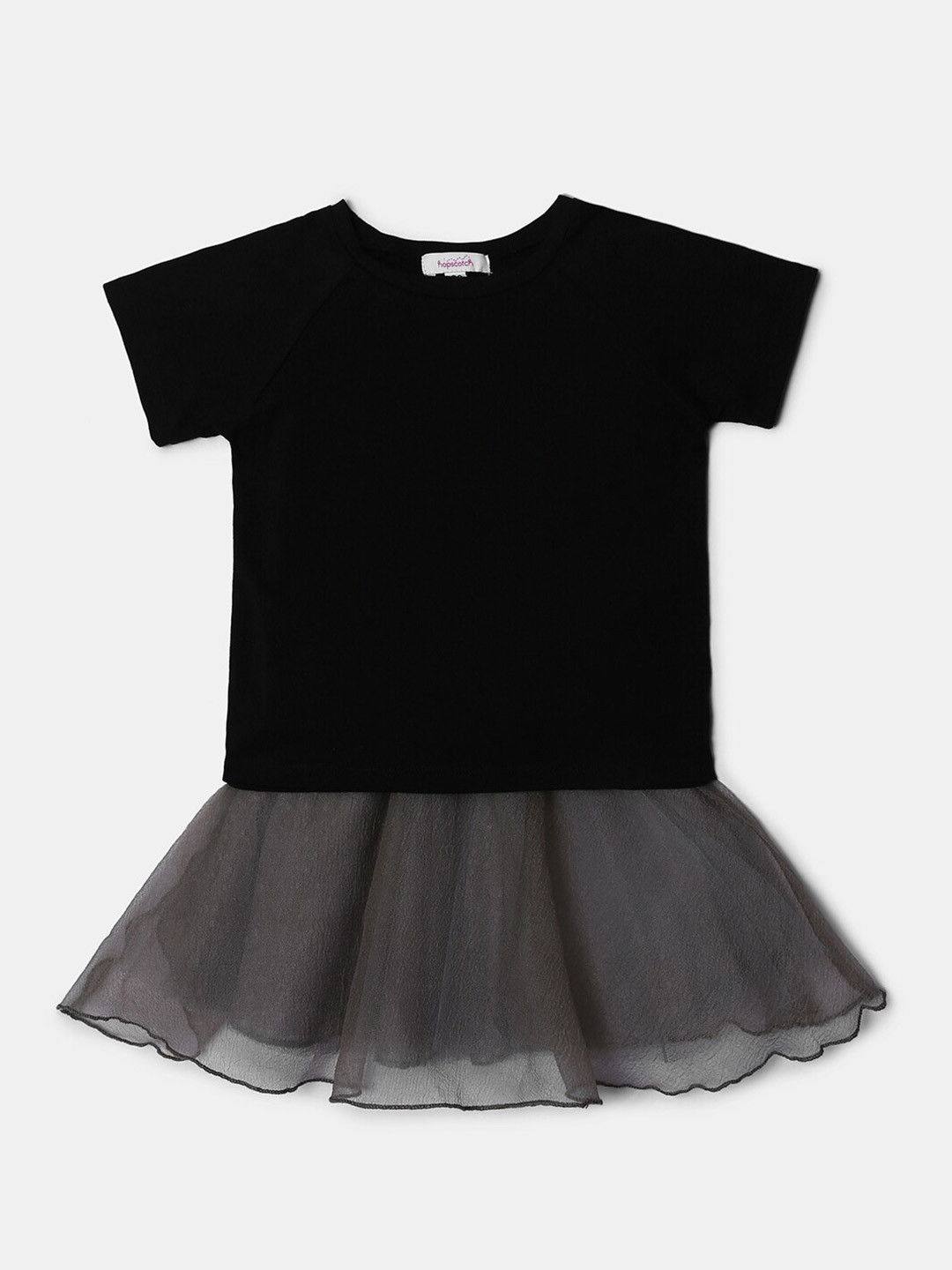Hopscotch Girls Black & Grey Solid Top with Skirt