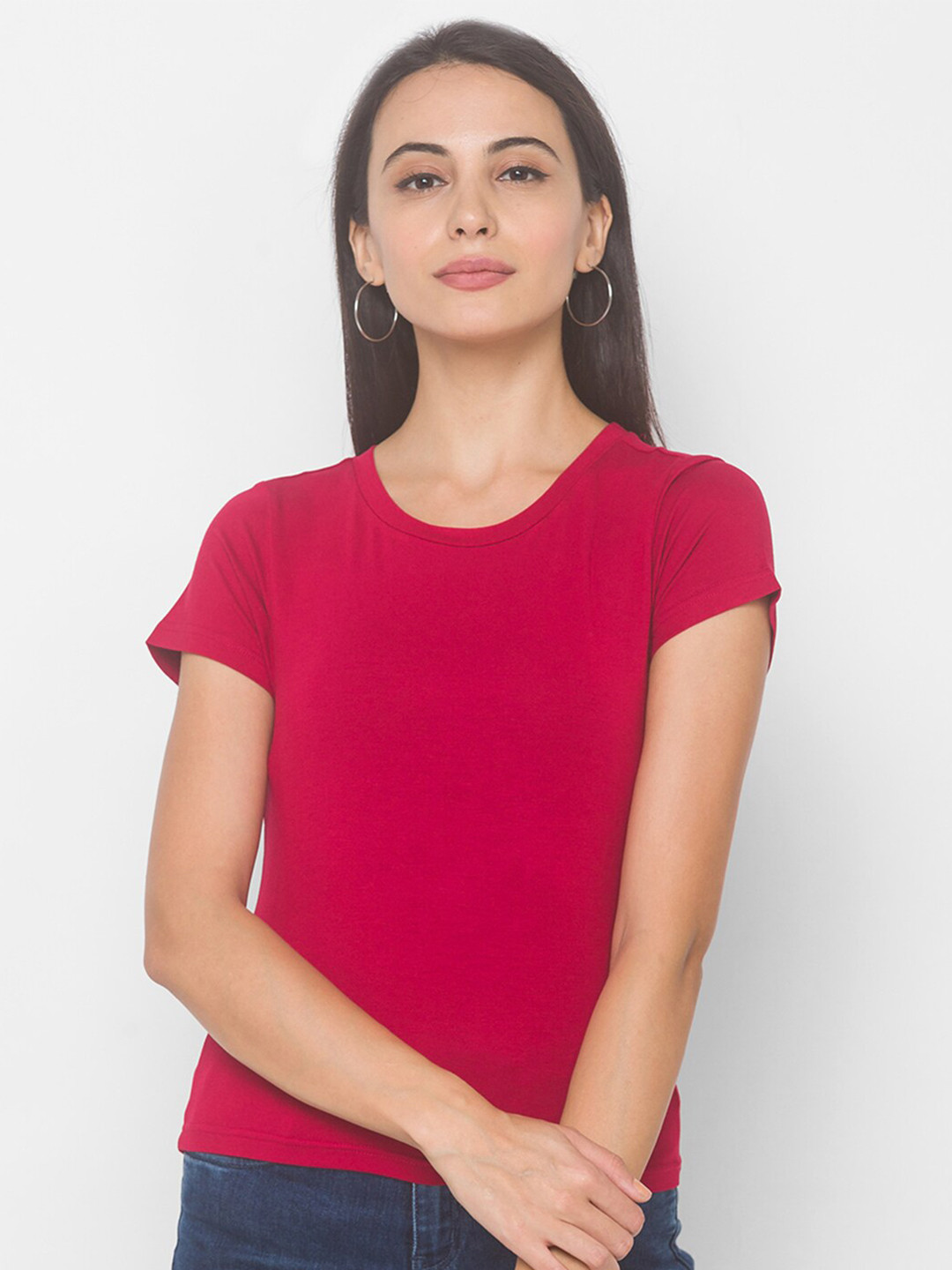 Globus Redsolidround Necktshirts Viscose Rayon Round Neck Short Sleeves T-shirt