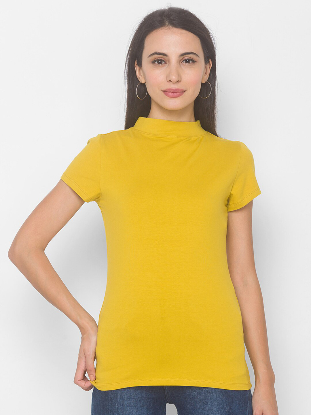 Globus Women Mustard Yellow V-Neck Pockets T-shirt