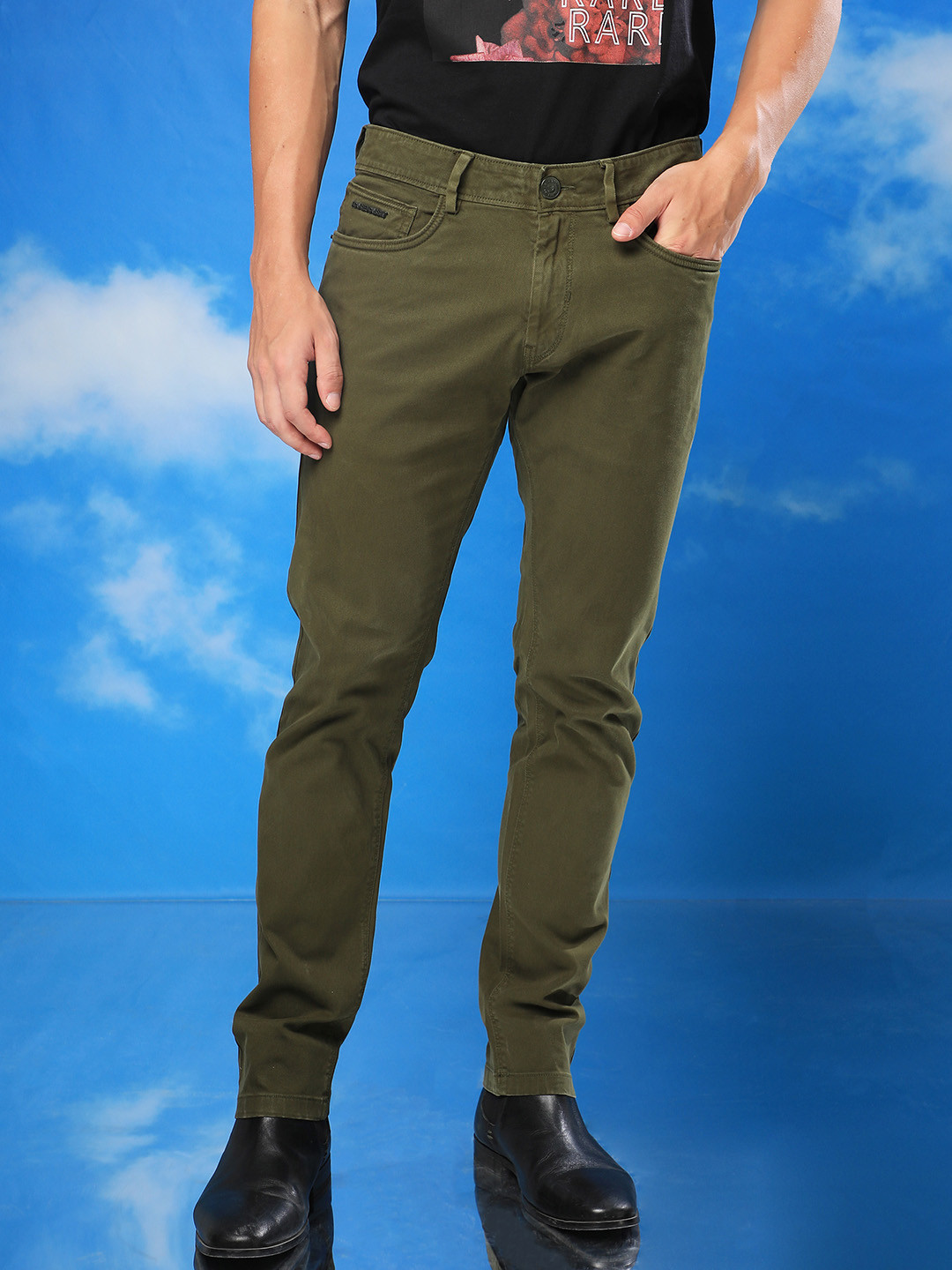 RARE RABBIT Men Olive Green Slim Fit Cotton Trousers