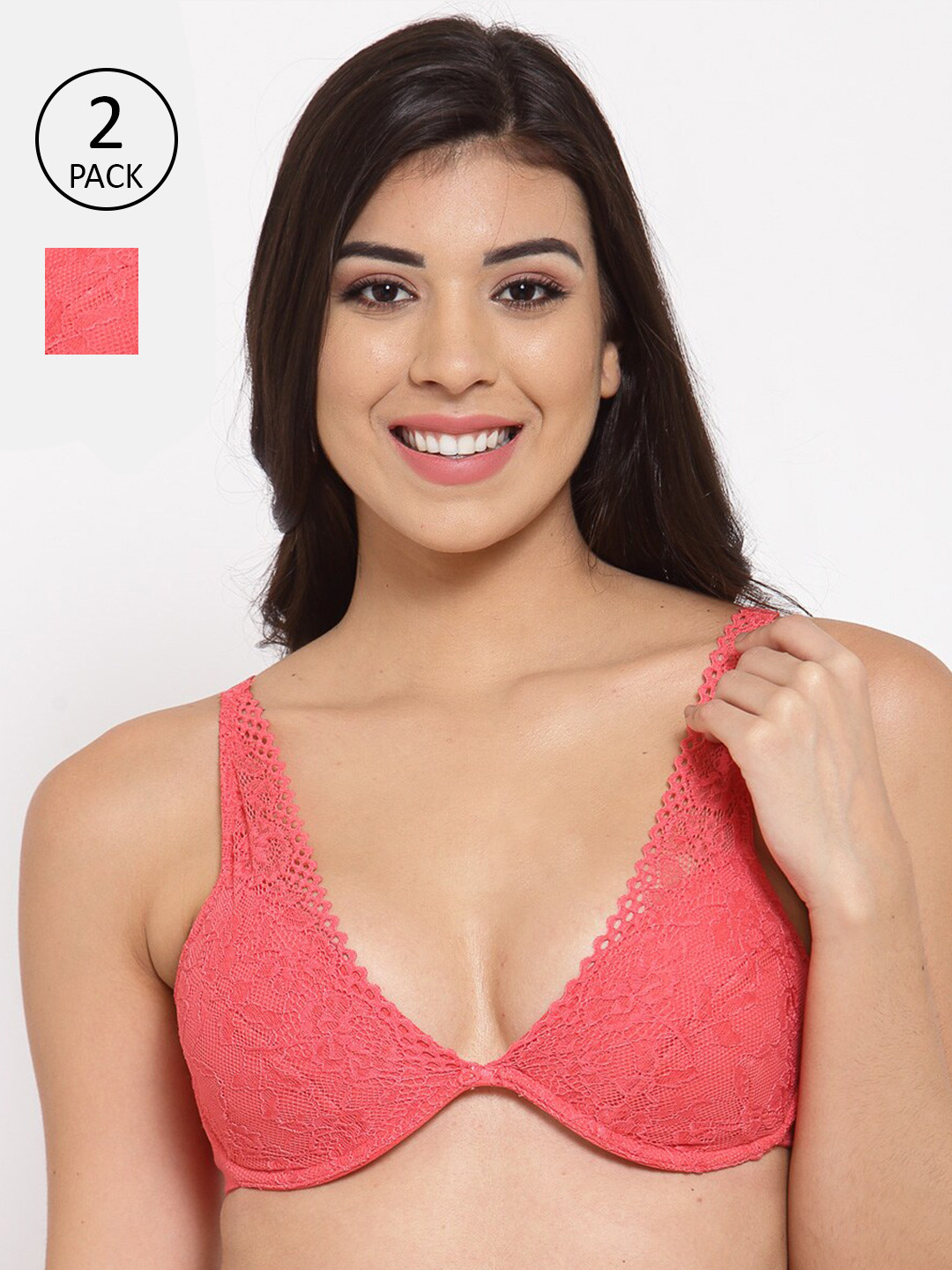 Inner Sense Pack Of 2 Pink Organic Cotton Antimicrobal Laced Padded Everyday Bra