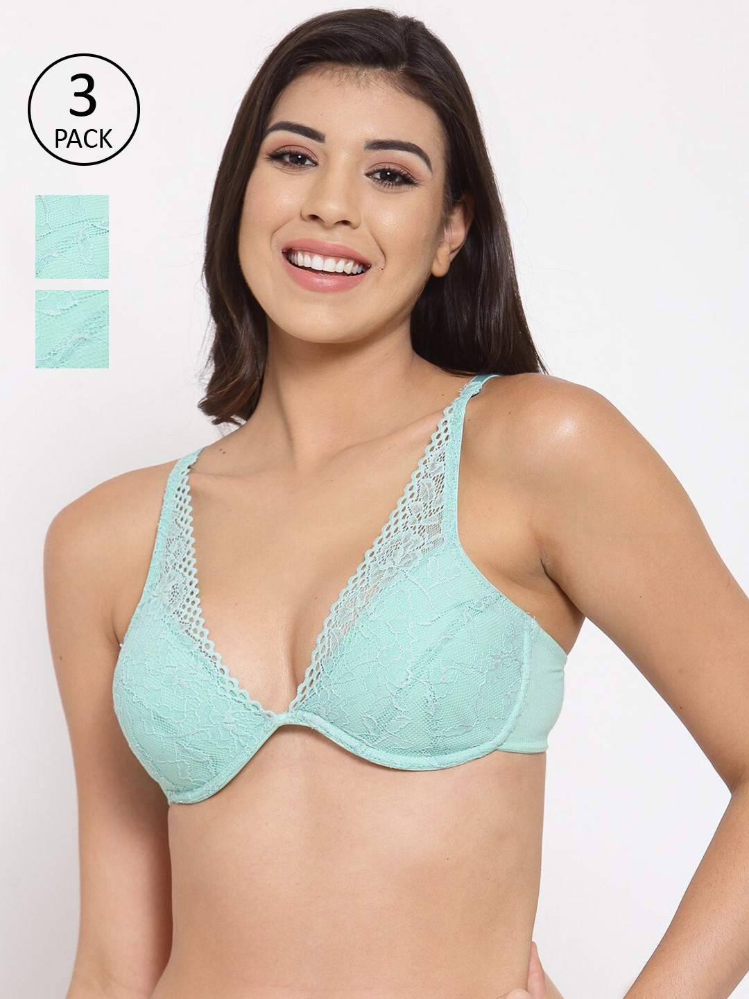 Inner Sense Pack Of 3 Sea Green Organic Cotton Antimicrobal Laced Padded Everyday Bra