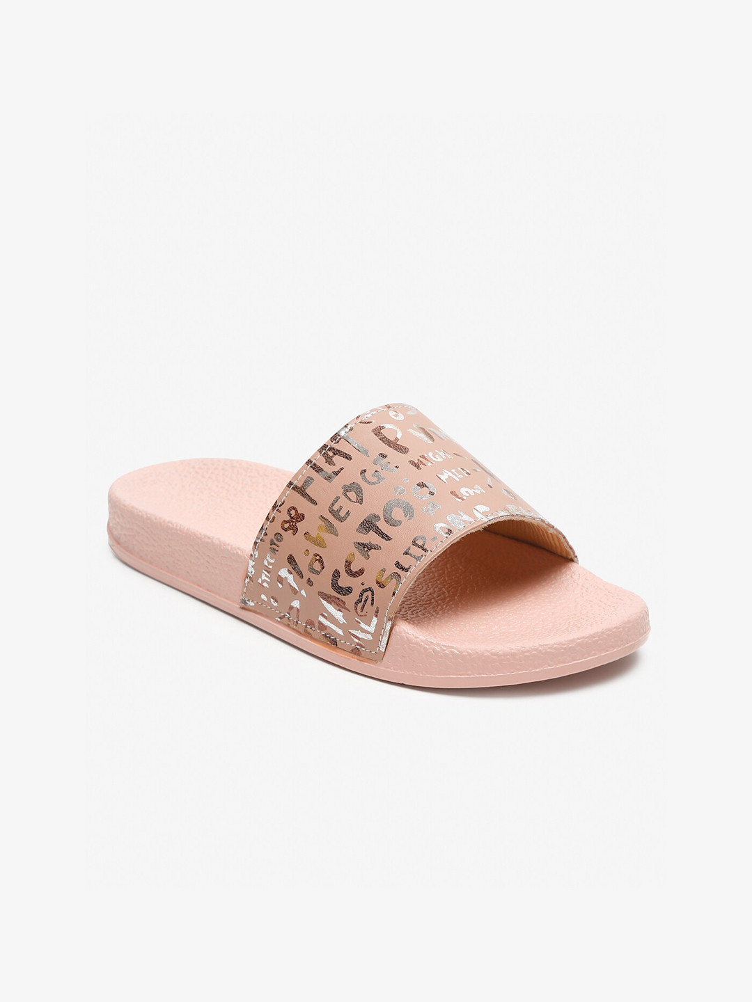 Misto Women Peach-Coloured & Silver-Toned Printed Sliders