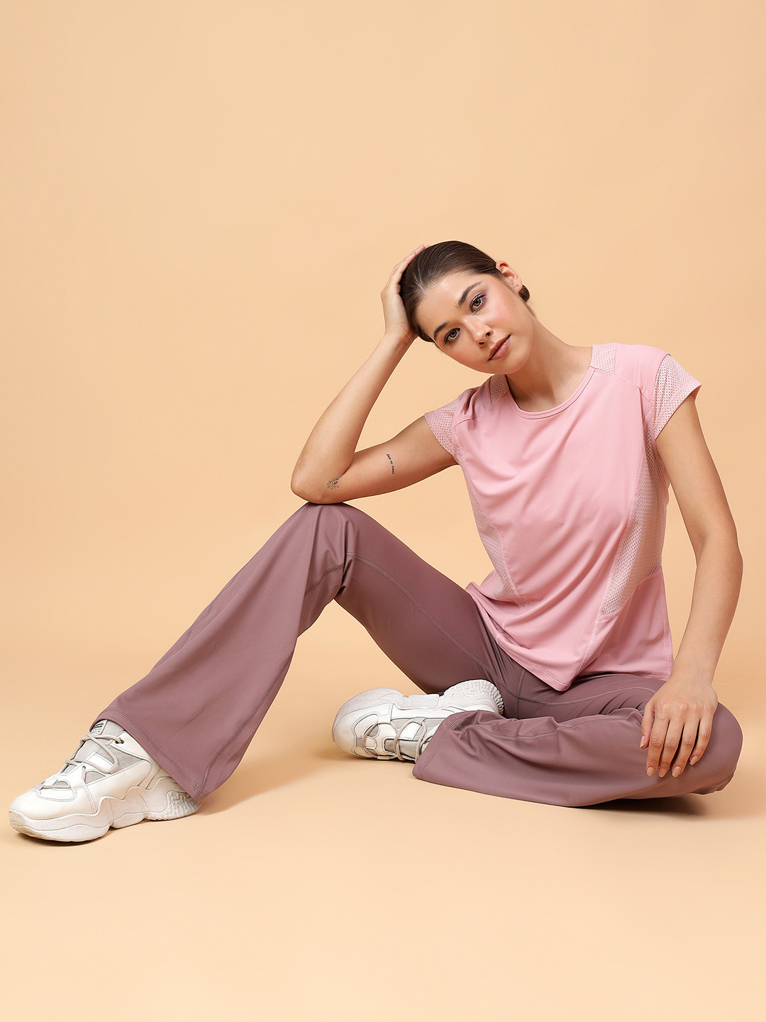 Fitkin Women Pink Solid Relaxed Fit Mesh Inserts T-shirt