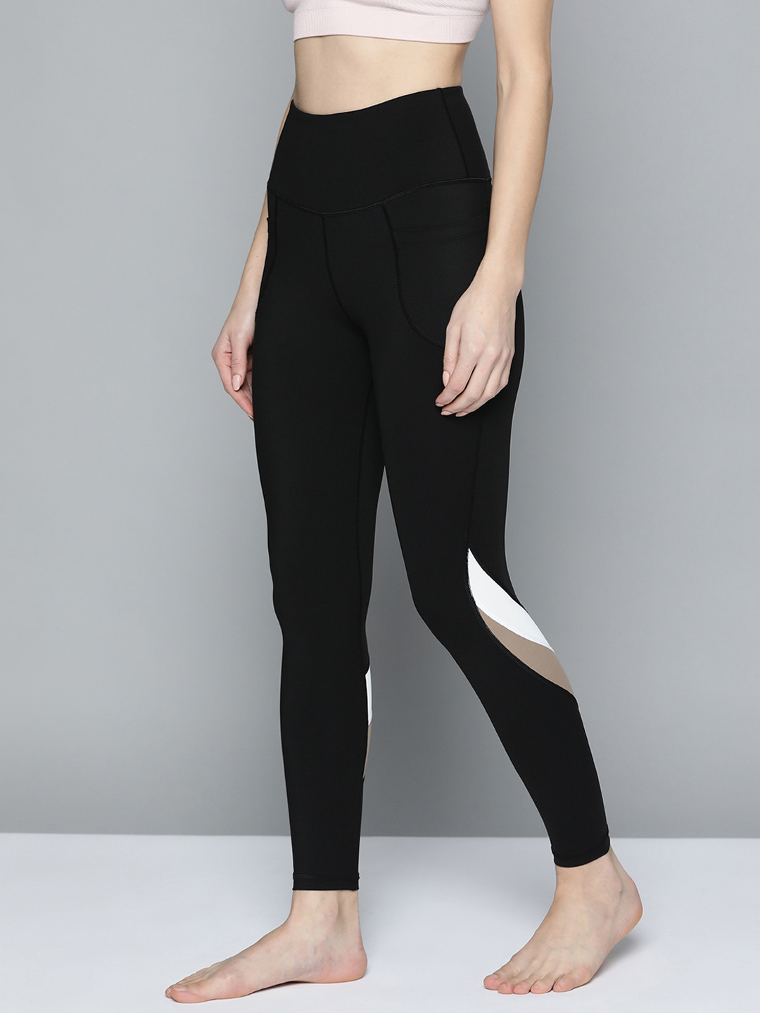 Fitkin Women Black & White Striped Detail High-Rise Yoga Tights