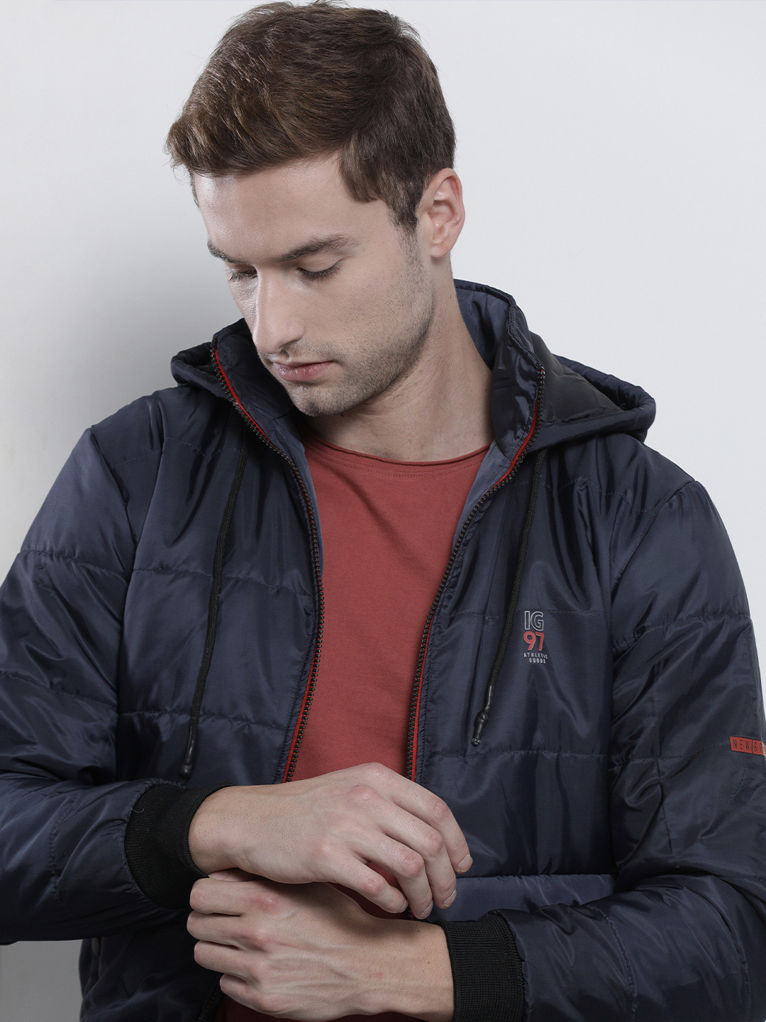 The Indian Garage Co Men Slim Fit Zip-Front Puffer Jacket with Hood