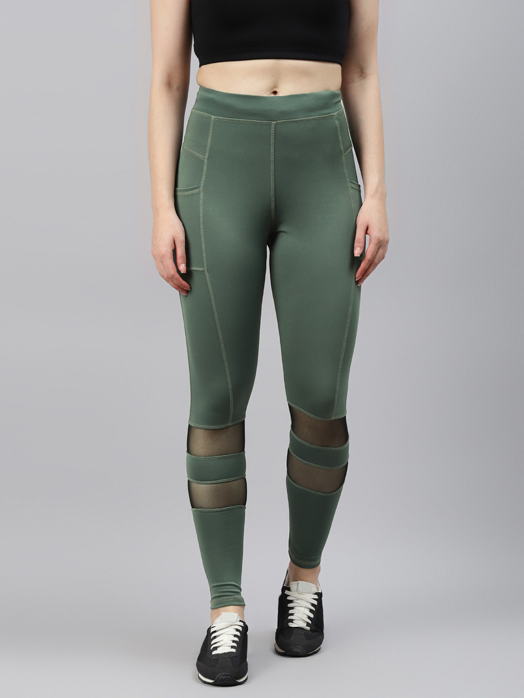 Blinkin Women Green High Waist Training Tights With Mesh Panel & Side Pockets