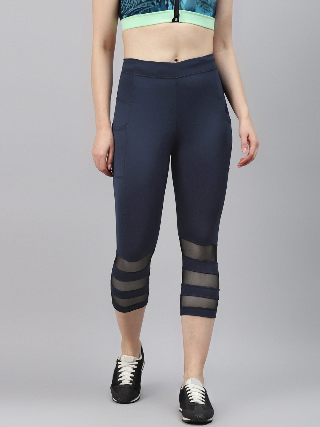 Blinkin Women Navy Blue 3/4th High Waist Training Tights With Mesh Panels & Side Pockets