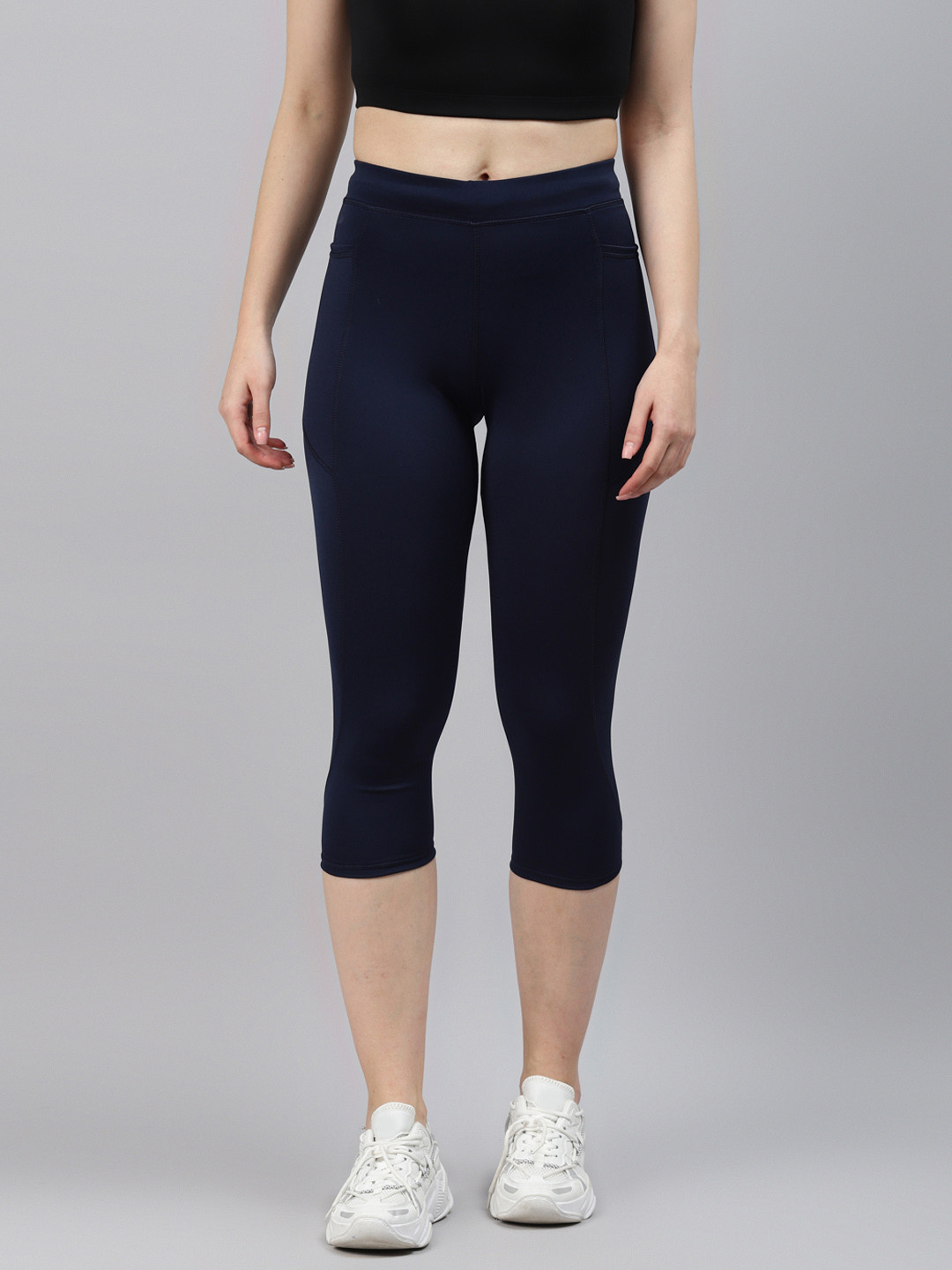 Blinkin Women Navy Blue 3/4th High Waist Training Tights With Side Pockets