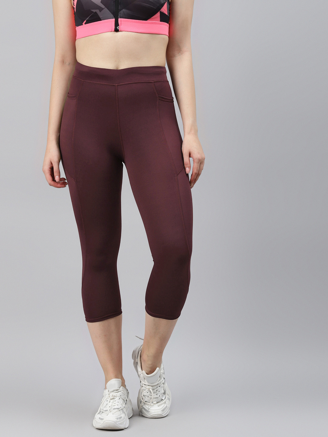 Blinkin Women Maroon 3/4th High Waist Training Tights With Side Pockets