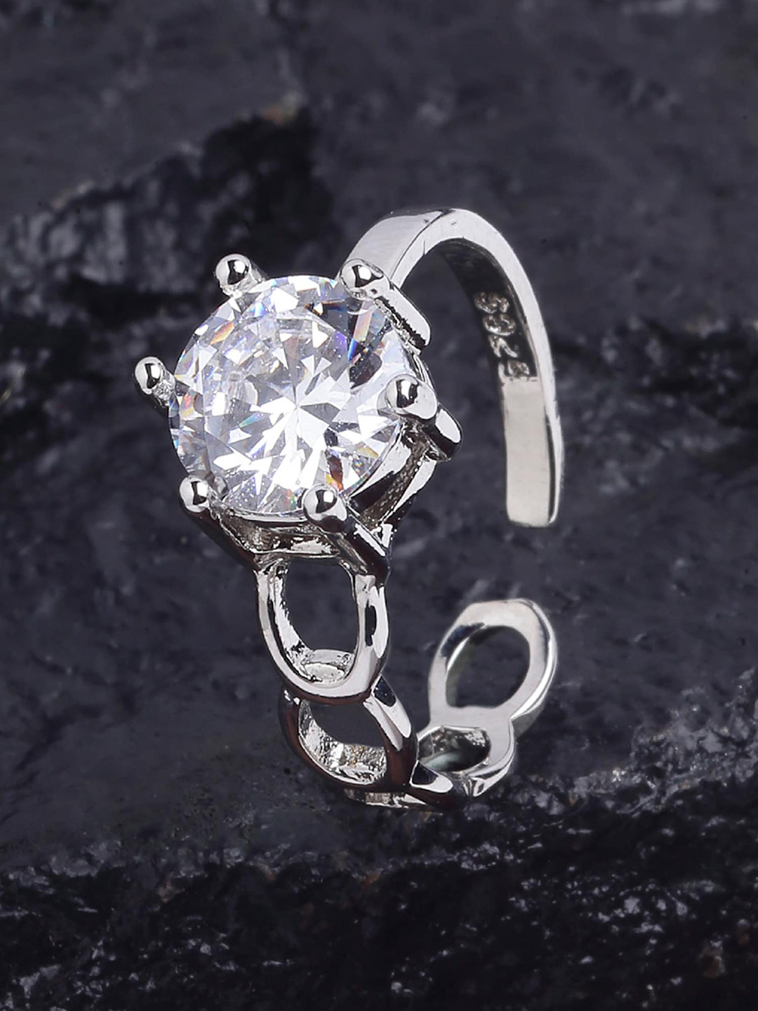 KARATCART Silver-Plated & White Stone-Studded Adjustable Finger Ring