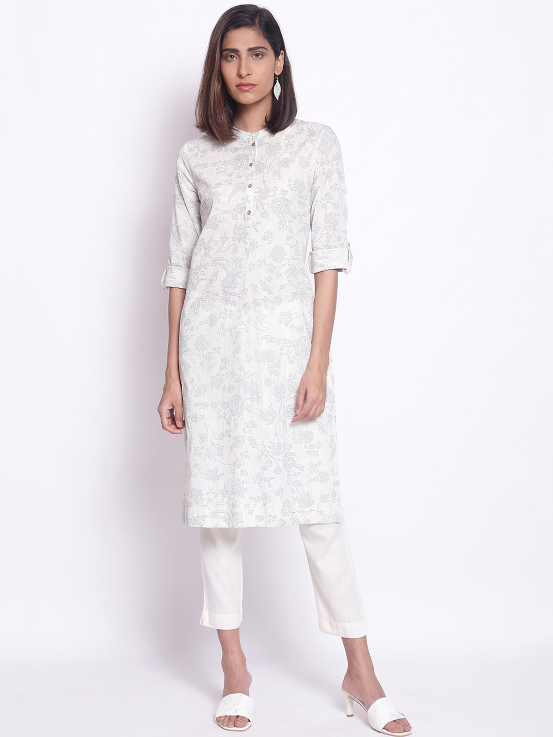 W Women White Ethnic Motifs Printed Thread Work Kurta