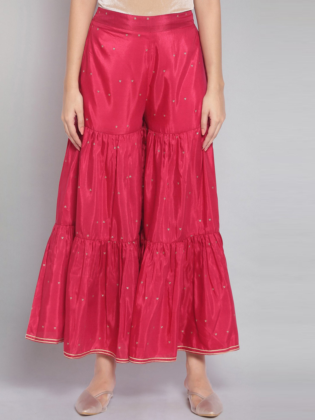 W Women Pink Embroidered Pleated Parallel Trousers