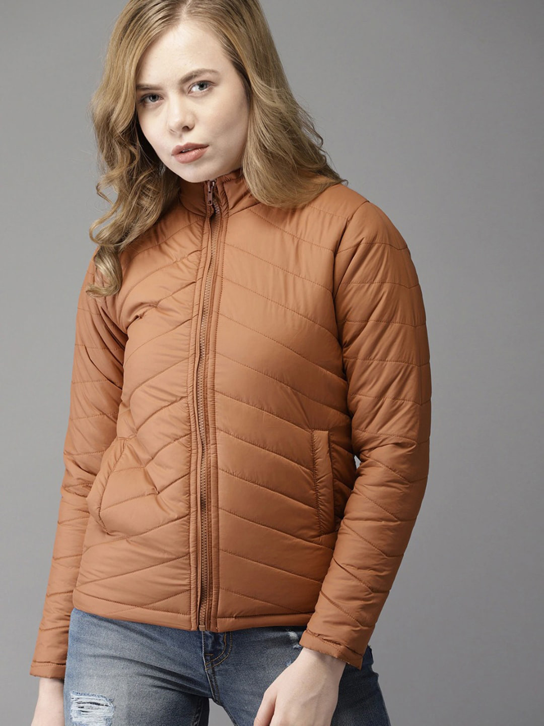 Campus Sutra Women Brown raffia Striped Windcheater Longline Outdoor Puffer Jacket