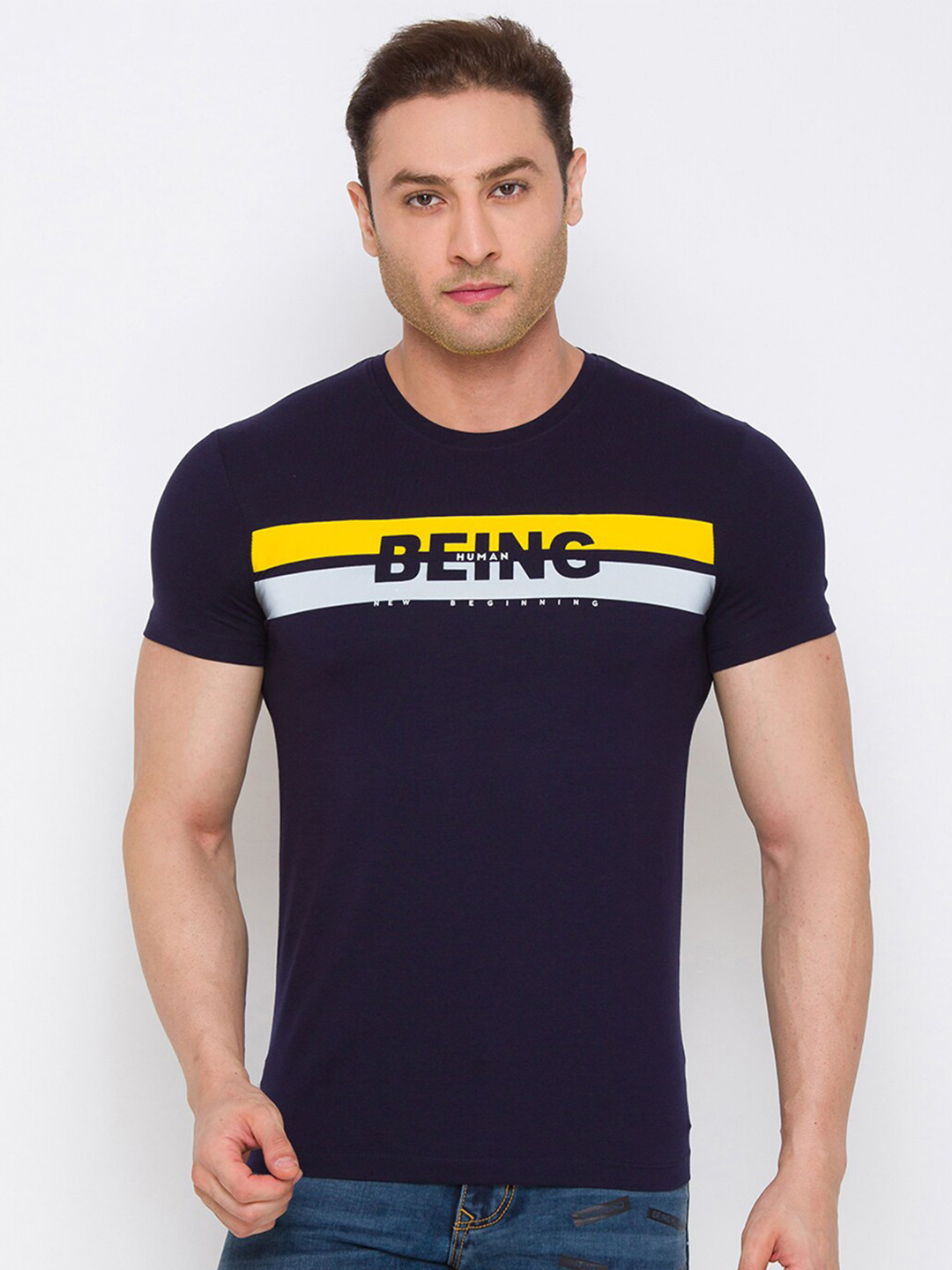 Being Human Men Navy Blue & Yellow Brand Logo Printed T-shirt