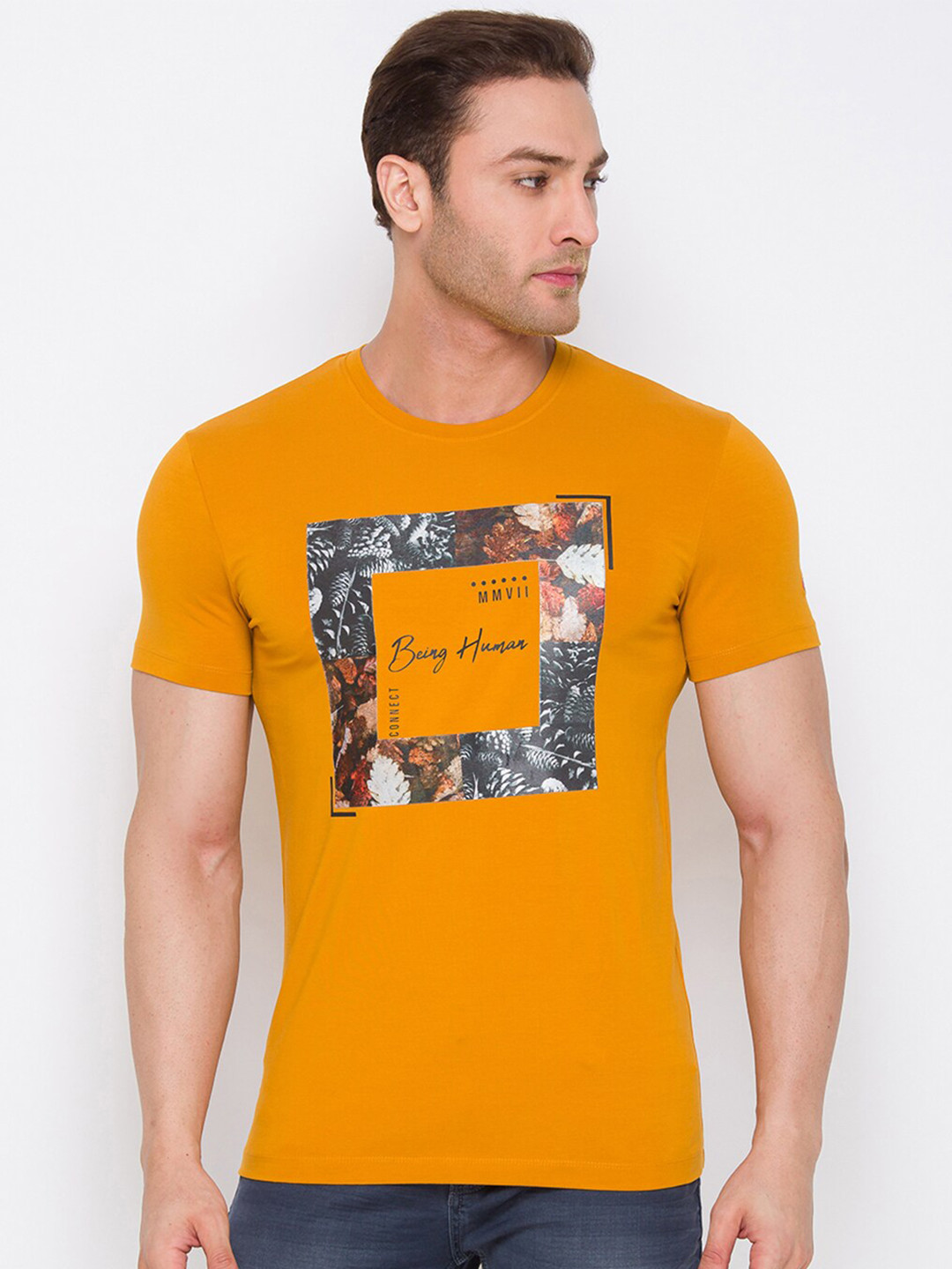 Being Human Men Mustard Yellow Printed T-shirt