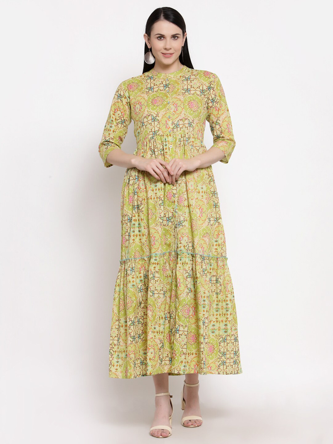 Indibelle Green Floral Cotton Midi Dress