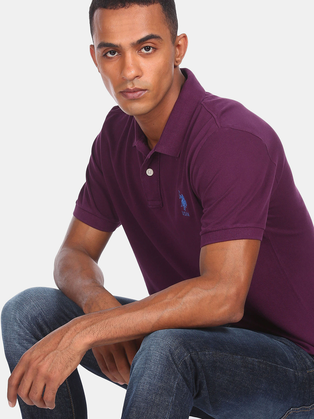U.S. Polo Assn. Men Purple Polo Collar Pure Cotton T-shirt