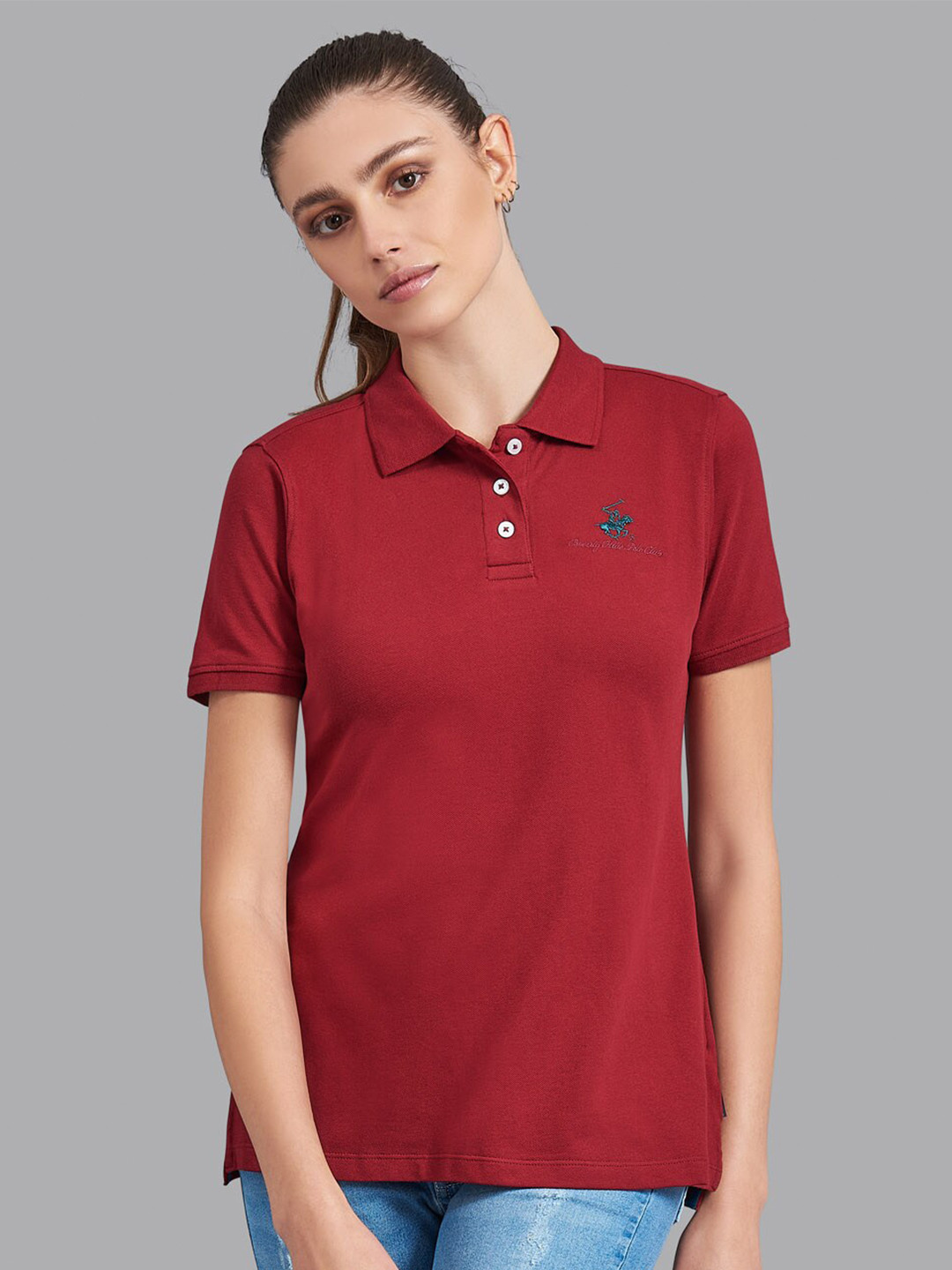 Beverly Hills Polo Club Women Red Polo Collar Drop-Shoulder Sleeves Applique T-shirt