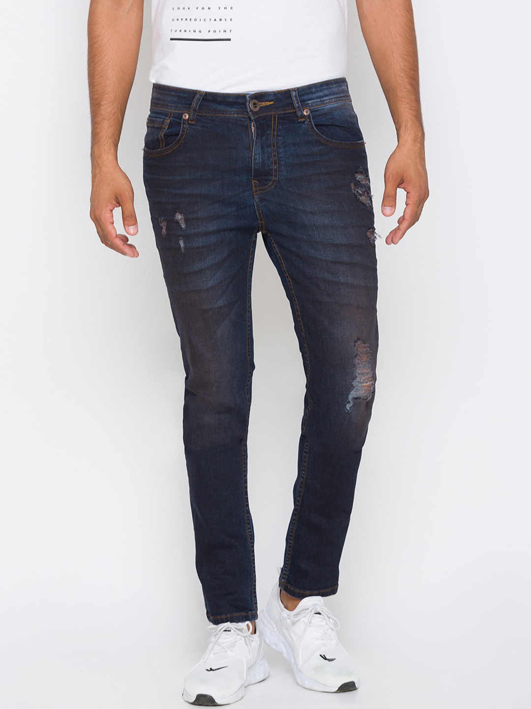 Being Human Men Blue Slim Fit Low Distress Light Fade Jeans