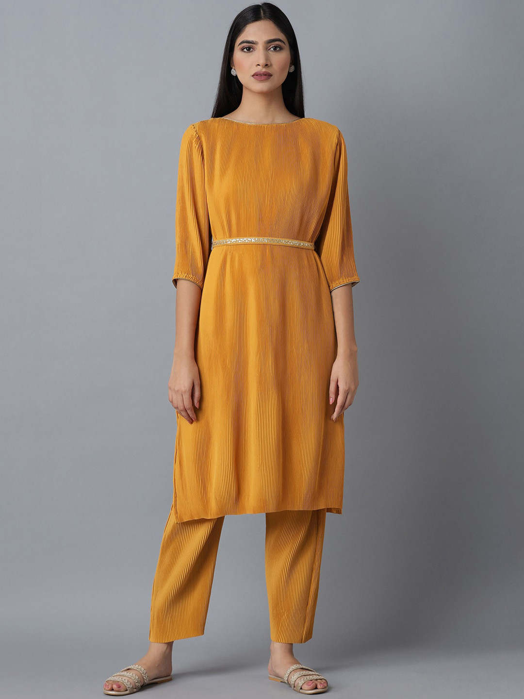 W Women Orange Pleated Kurta with Slim Trousers