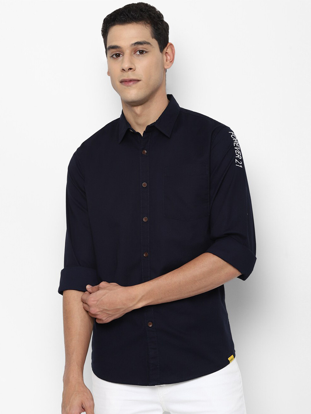 FOREVER 21 Men Navy Blue Slim Fit Opaque Pure Cotton Casual Shirt