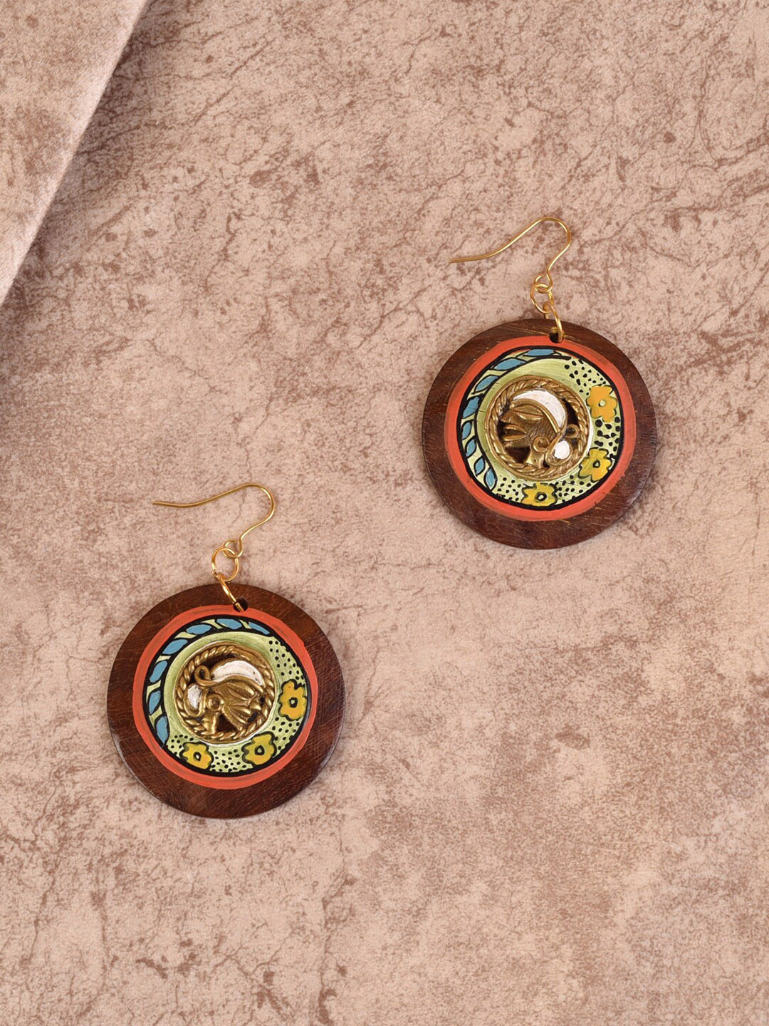 AAKRITI ART CREATIONS Brown & Gold-Toned Circular Drop Earrings