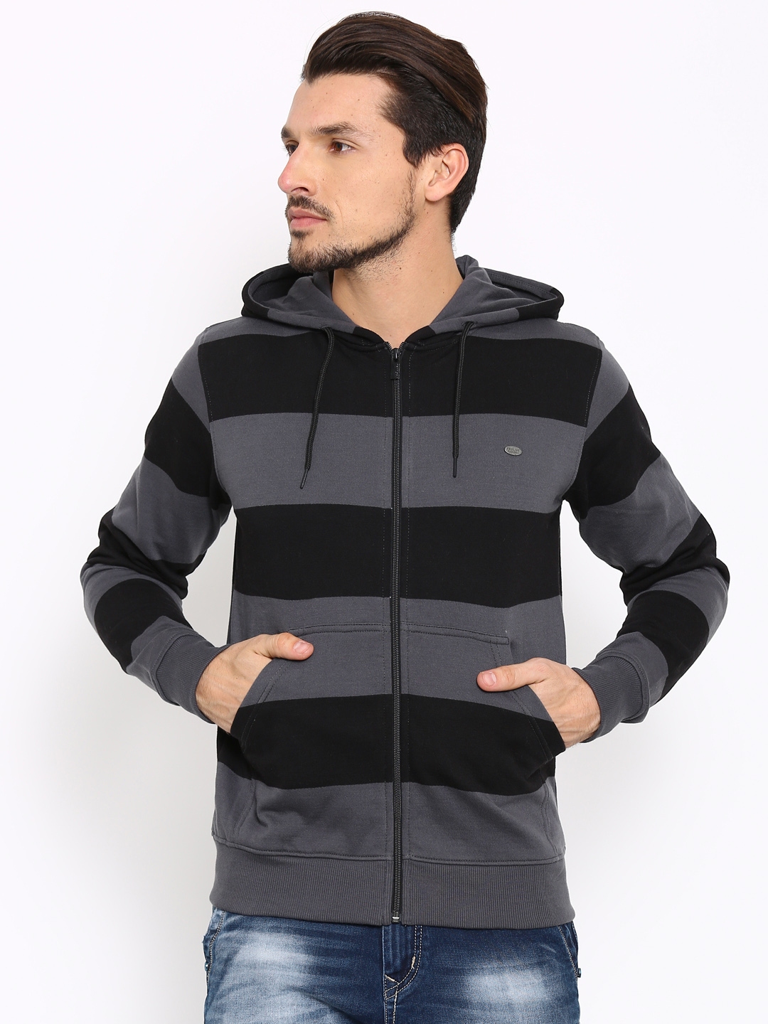 Buy Proline Black Charcoal Grey Striped Hooded Sweatshirt Sweatshirts for Men 1602310 Myntra