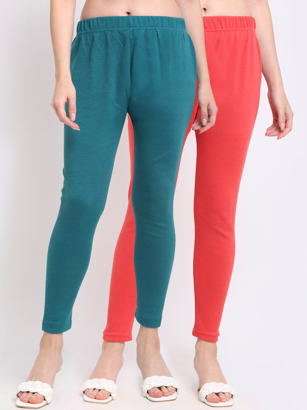 TAG 7 Women Pack Of 2 Peach & Teal Solid Ankle-Length Leggings