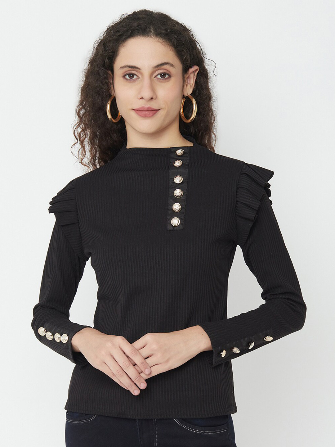 iki chic Black Ruffle Detail High Neck Regular Top