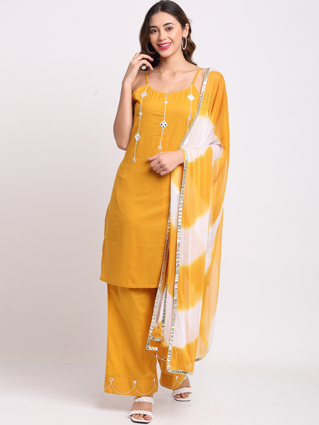 Rajnandini Yellow & White Mirror Embroidered Pure Cotton Kurta with Palazzos & Dupatta