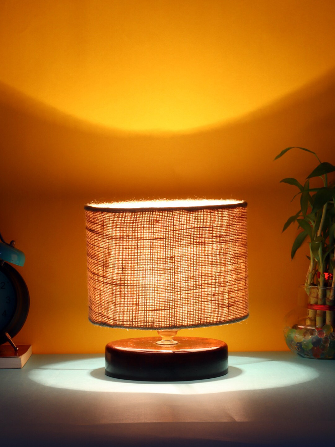Devansh Beige Jute Table lamp with Wood Brown Base