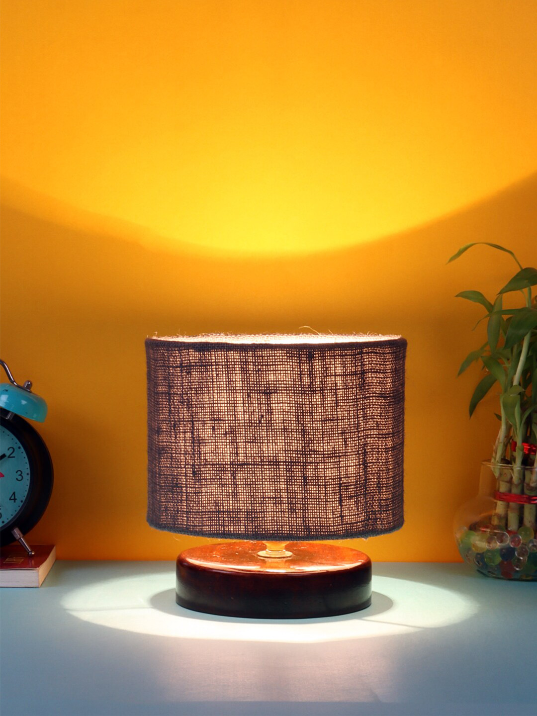 Devansh Grey Jute Table lamp with Wood Brown Base