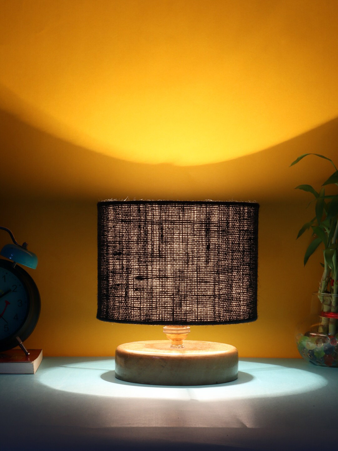 Devansh Black Wood Jute Table lamp With Wood Natural Base