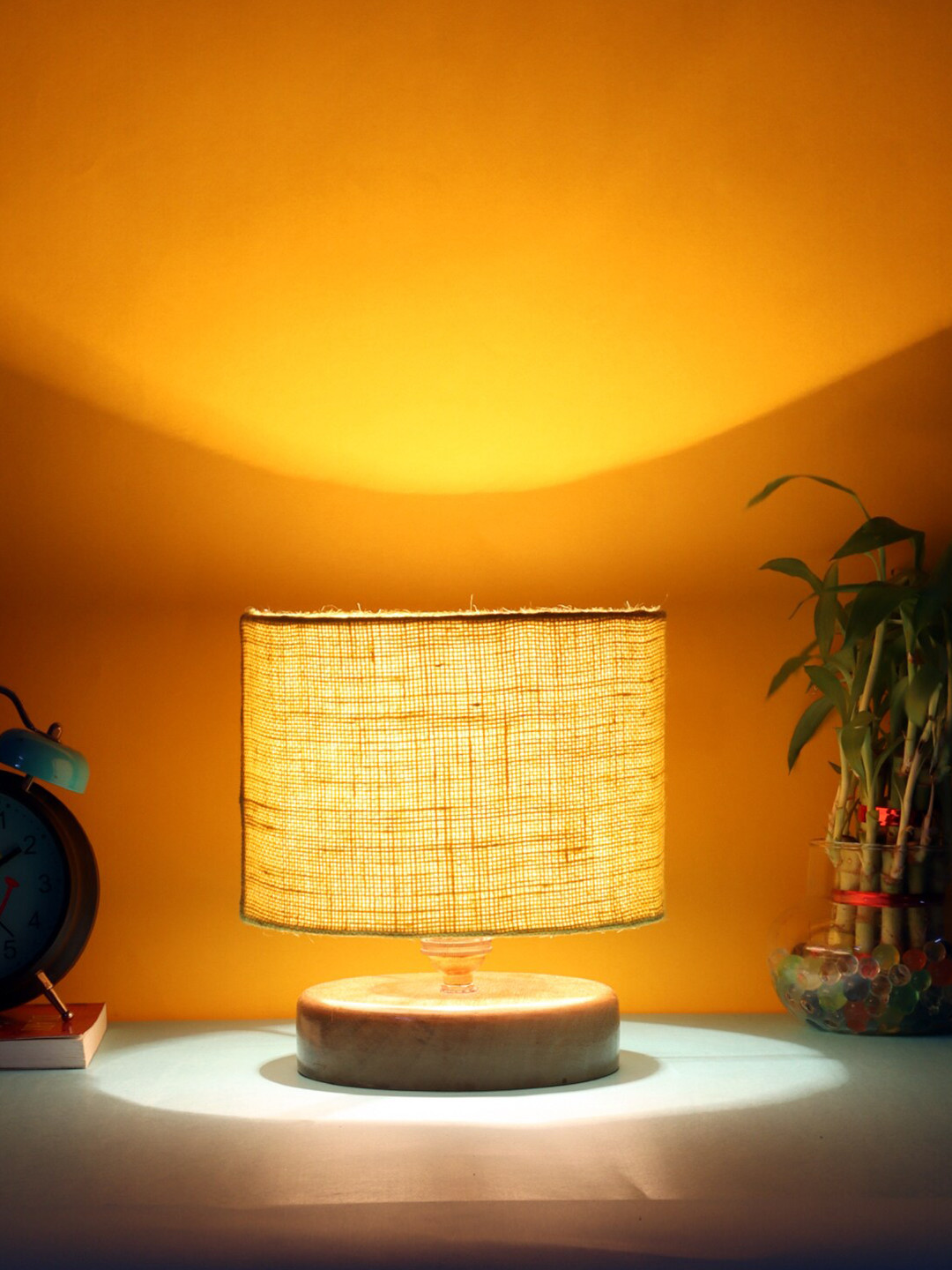 Devansh Yellow & Brown Jute Table Lamp With Wood Base