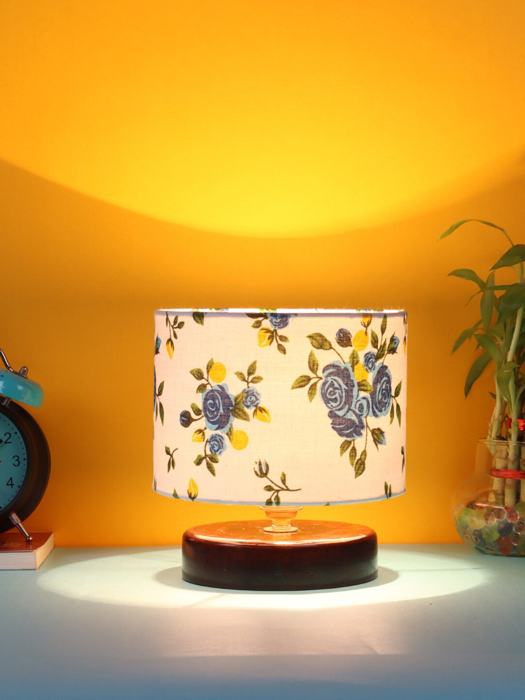 Devansh White & Blue Printed Table Lamp with Wood Base