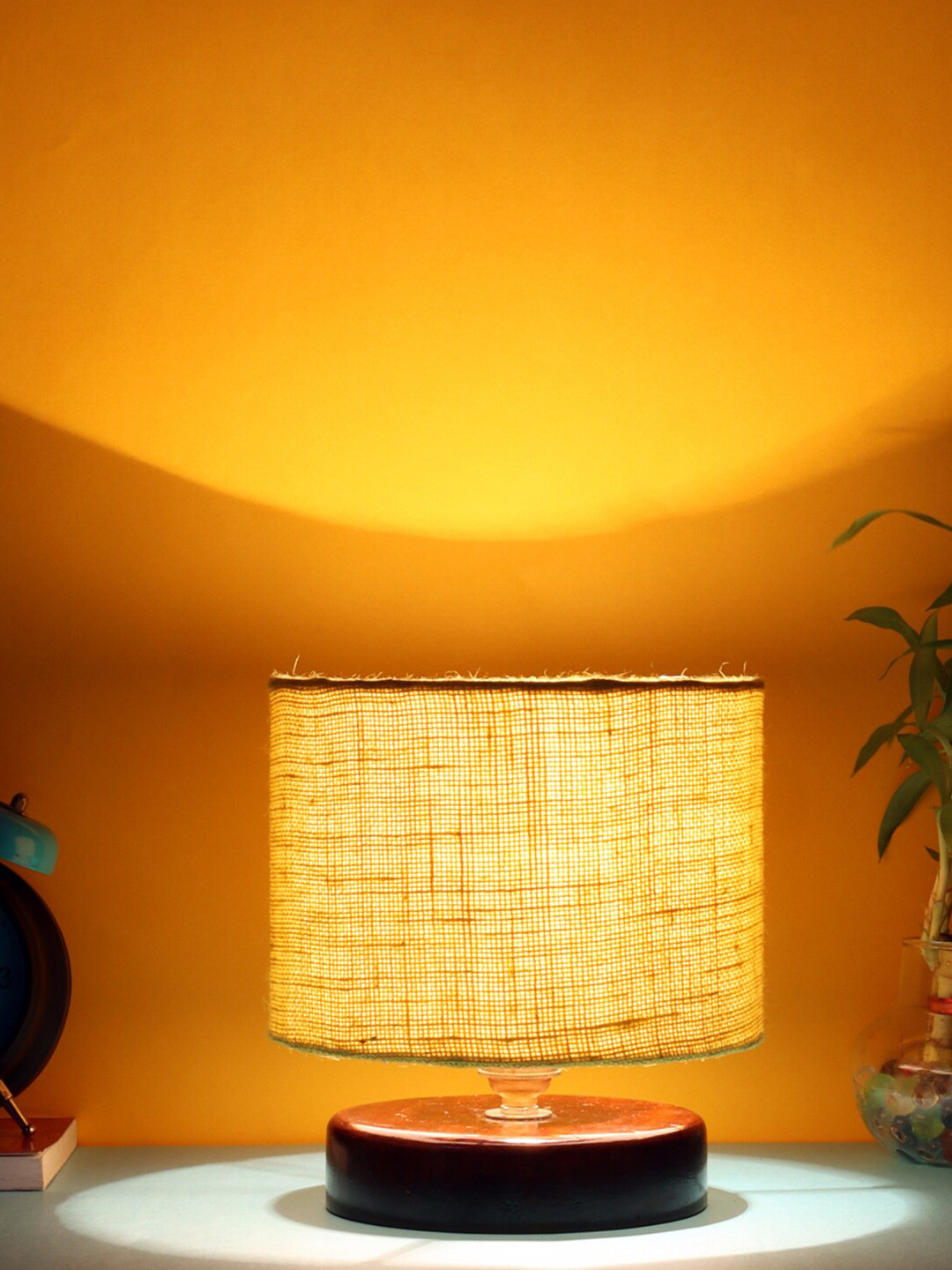 Devansh Yellow Jute Table lamp with Wood Brown Base