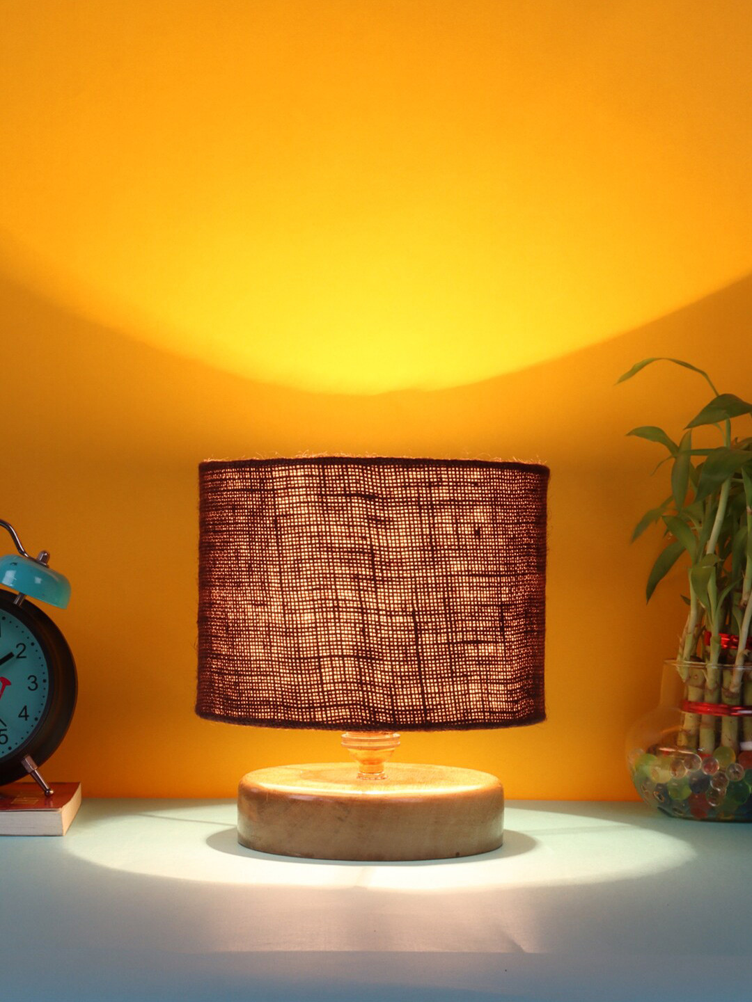 Devansh Brown & Beige Jute Table Lamp With Wood Base