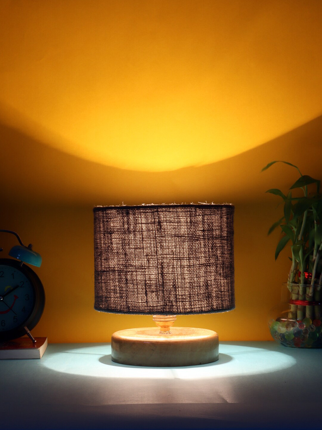 Devansh Grey Jute Table lamp with Wood Natural Base