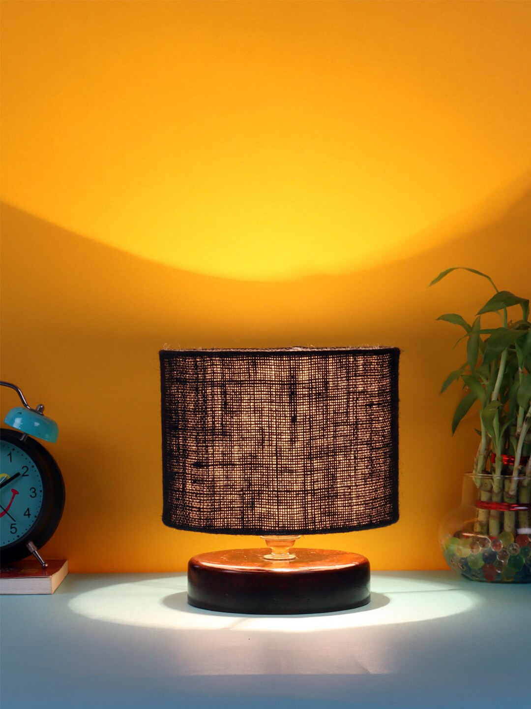 Devansh Black Jute Table lamp with Wood Brown Base