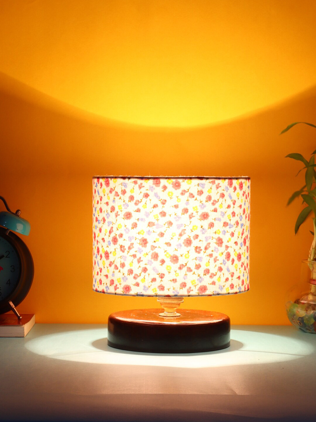 Devansh Multicoloured Small Flower Printed Table Lamp With Wood Base