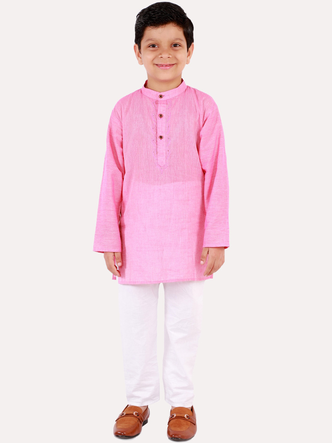 Superminis Boys Solid Pink & White Regular Pure Cotton Kurta with Pyjamas Set