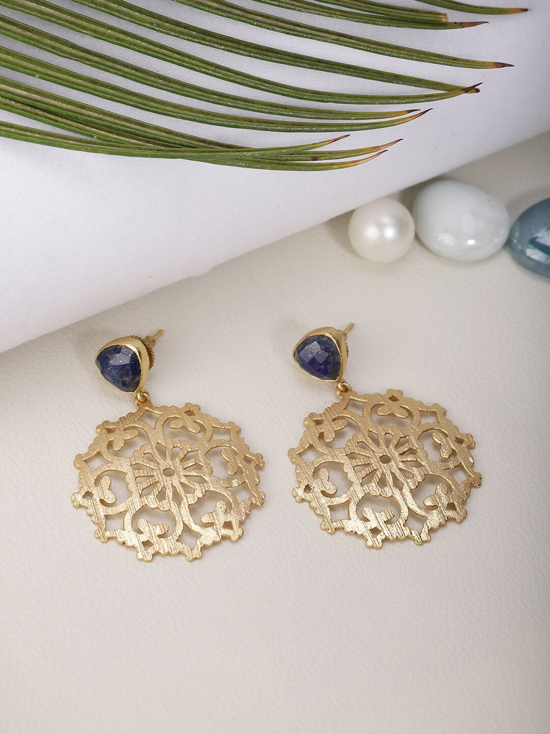 Berserk Gold-Plated & Navy Blue Contemporary Drop Earrings
