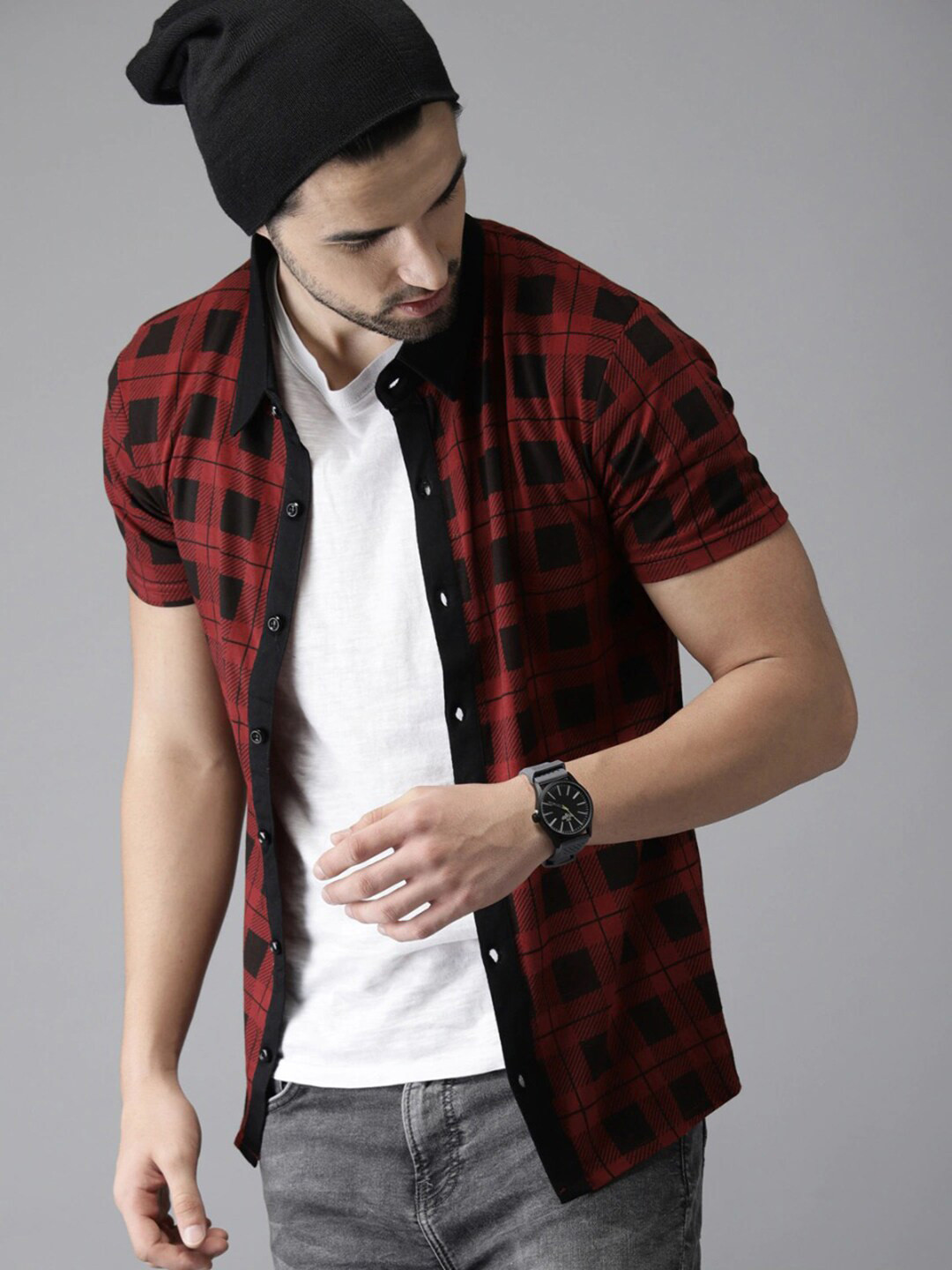 Campus Sutra Men Red & Black Classic Tartan Checks Opaque Casual Cotton Shirt