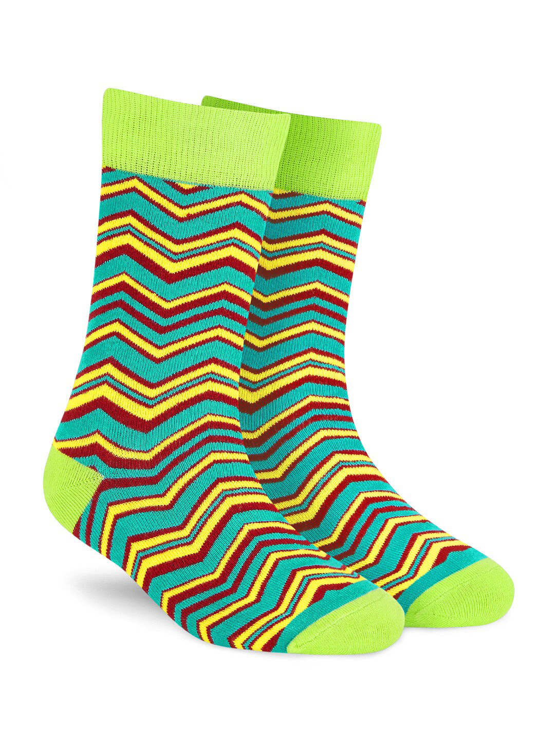 Dynamocks Unisex Green & Yellow Patterned Calf-Length Socks