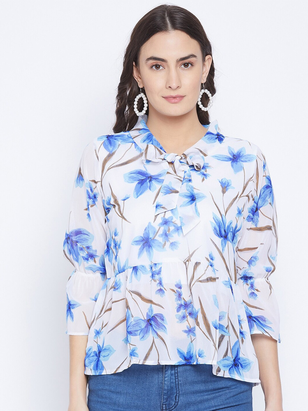 Bitterlime White Floral Tie-Up Neck Georgette A-Line Top